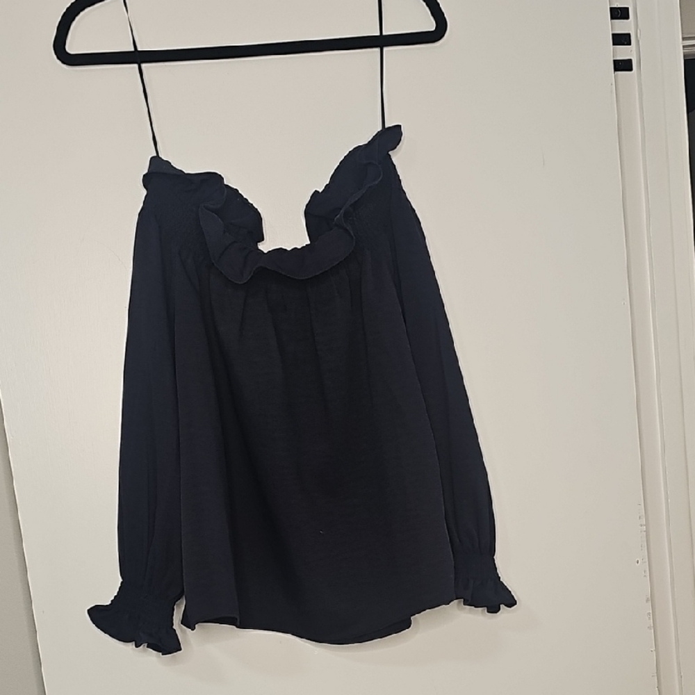 Tuckernuck Navy Ruffle Off-Shoulder Blouse